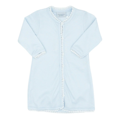 Pima Knit Button-front Daygown with Crochet Trim - Blue with White