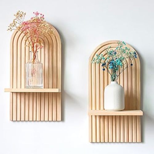 YIYA 2 Pcs Boho Wooden Rainbow Wall Shelves Floating Shelves for Wall Rainbow Arch Boho Floating Shelves Modern Boho Wall Shelf for Living Rooms Bathroom Display