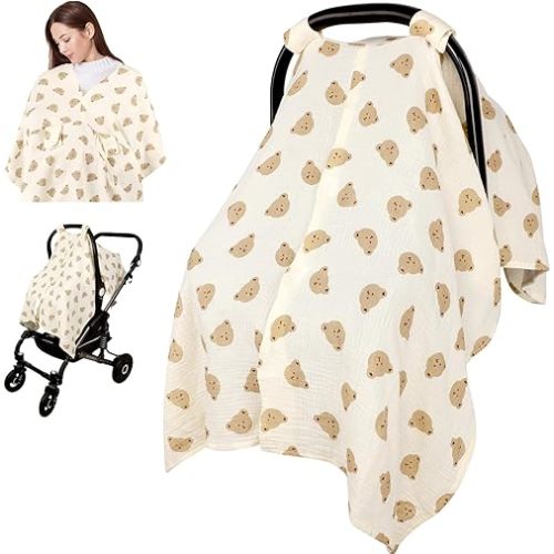 Car Seat Cover Baby Girls Boys, Summer Cotton Baby Car Seat Cover for Carseat, Comfortable Muslin Nursing Cover, Soft Baby Blanket, Breathable Lightweight Infant Stroller Canopy, Cute Bear