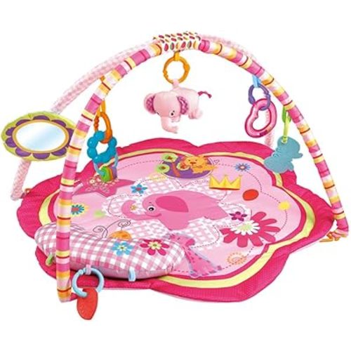 Pink Baby Acctivity Play Gyms Playmats Colorful Infants Toddler Play Mat with Arches, Activity Toys, Plush Animals, Elephant