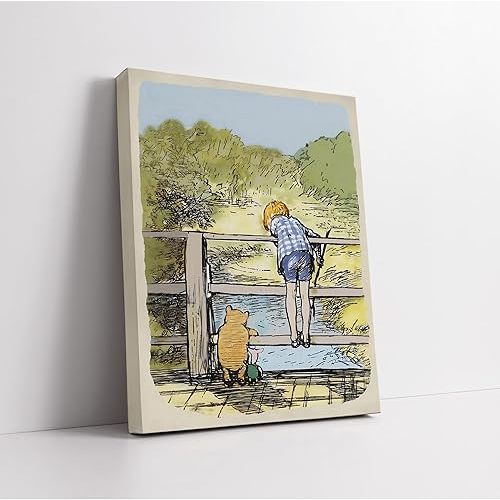 Poster Master Vintage Winnie Pooh and Christopher Canvas - Playing Pooh Sticks Print - Children Story Book Art - Watercolor Design - Aesthetic Kids Room or Nursery Decor - Available in 8x10 to 30x40