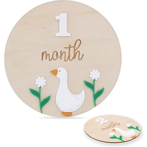 Baby Monthly Milestone Board - Natural Wood Round Sign with 3D Duck and Daisy Flowers, 1-12 Months Growth Tracker, Newborn Photo Prop
