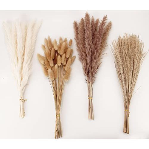 Dried Pampas Grass Decor, 100 Stems Pampas Grass Contains Bunny Tails Dried Flowers, Reed Grass Bouquet for Wedding Boho Flowers Home Table Decor, Rustic Farmhouse Party (17", White and Brown)