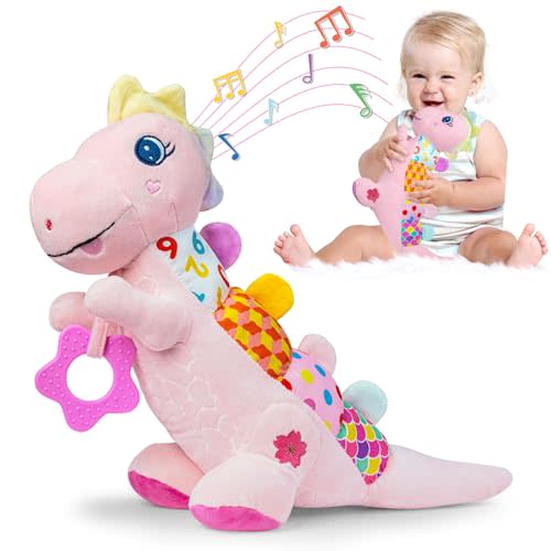 Baby Dino Musical Stuffed Animal Toys for 0-3-6-9-12 Months,Infant Dinosaur Tummy Time Toys with Crinkle Sound Paper,Teether,Textures & Rattles for Newborn Boys Girls Birthday Gifts,Pink