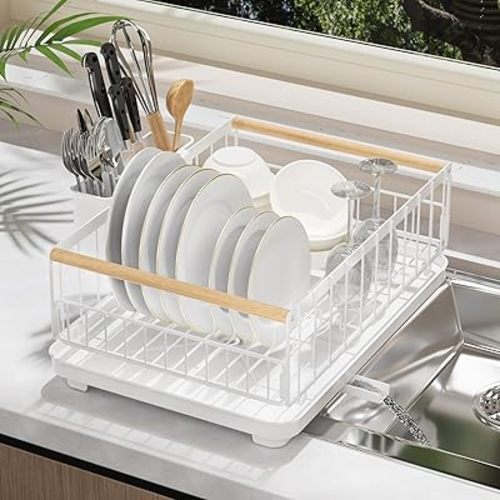 Dish Drying Rack for Kitchen Counter,Dishes Drainer Racks with Removeable Cutlery Holder and Wood Handle White Metal Strainer Organization for Knives, Spoons, and Forks
