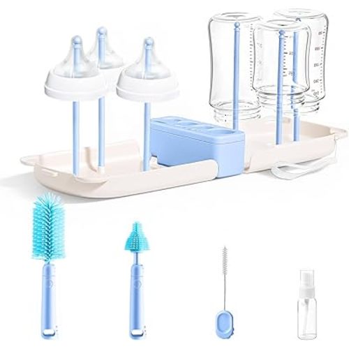 Portable Baby Bottle Brush Set, 7 in 1 Travel Baby Bottle Cleaner Kit, Portable Bottle Washing Kit with Silicone Bottle Brush, Nipple Brush, Straw Brush, Drying Rack for Home and Travel (Blue)
