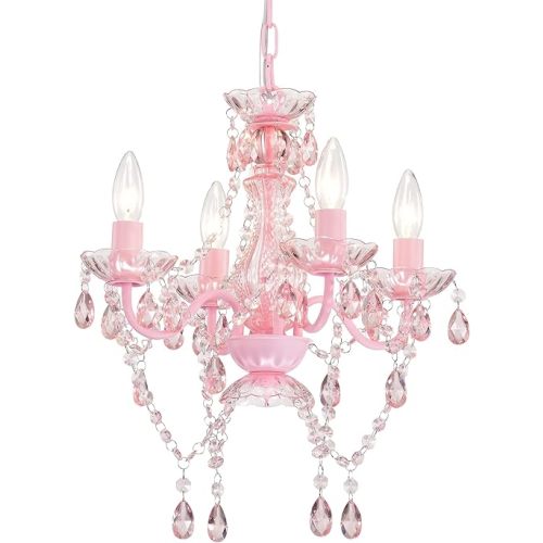 LaLuLa Mini Chandelier with Acrylic Crystals Pink Chandelier 4 Light Modern Chandeliers for Bedroom and Girls Room