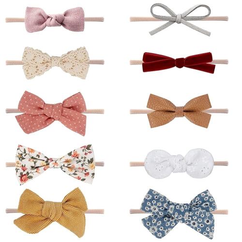 DRESHOW BQUBO Baby Girl Headbands with Bows Nylon Hairbands Handmade Hair Accessories for Newborn Infant Toddlers 10 Pack