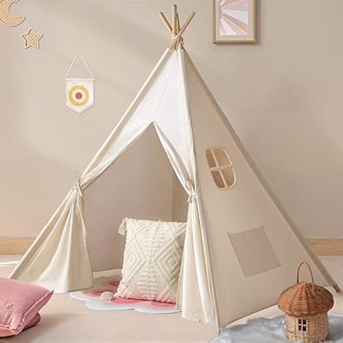 Sumbababy Teepee Tent for Kids Indoor - Natural Canvas Kids Play Tent - Washable Tipi Sleepover Tents with Lights & Carry Bag, Outdoor Toddler Tents for Girls & Boys - Foldable Playroom Gift Toys