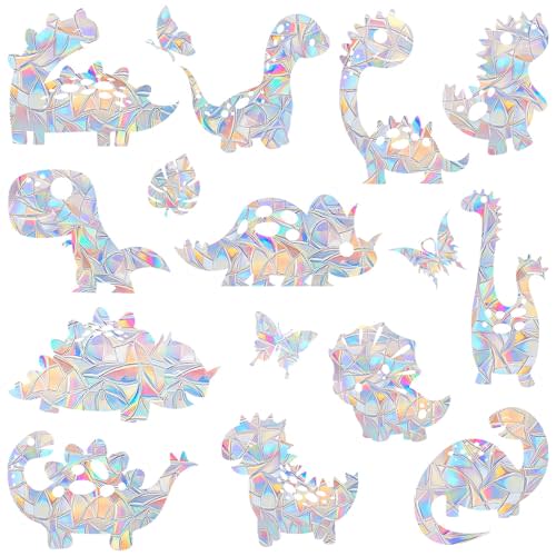 Dinosaur Window Clings for Bird Strickes - Anti-Collision Window Decals to Save Birds from Window Collisions,Non Adhesive Prismatic Window Clings, Rainbow Stickers (16PCS)