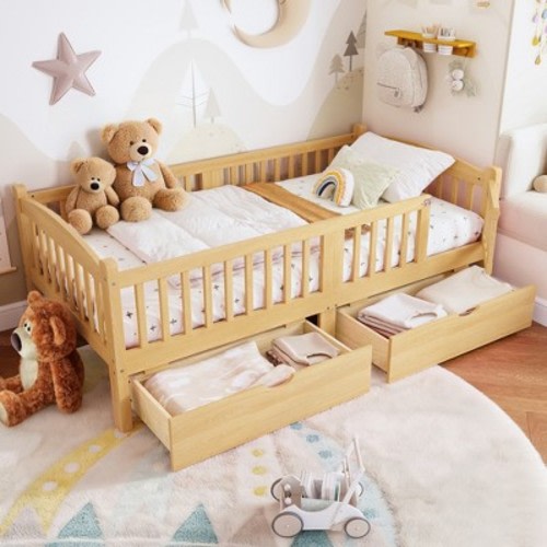 Twin Kid Platform Bed Frame Toddler Bed with Safety Guardrail & Storage Drawers, Natural - ModernLuxe