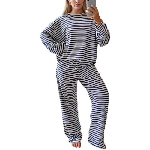 Women Striped Two Pieces Lounge Set Stripes Long Sleeve Crew Neck Tshirt Top Drawstring Wide Leg Pants 2pcs Sets