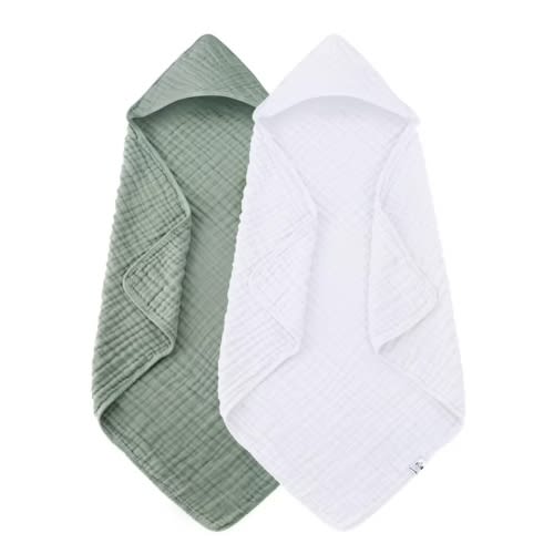 Paquete de 2 Toallas con Capucha para Bebé - 100% Muselina de Algodón para Recién Nacidos, Bebés y Niños Pequeños - Tamaño Grande de 32 X 32 Pulgadas - Muy Absorbente y Esencial para el Cuidado Del Recién Nacido