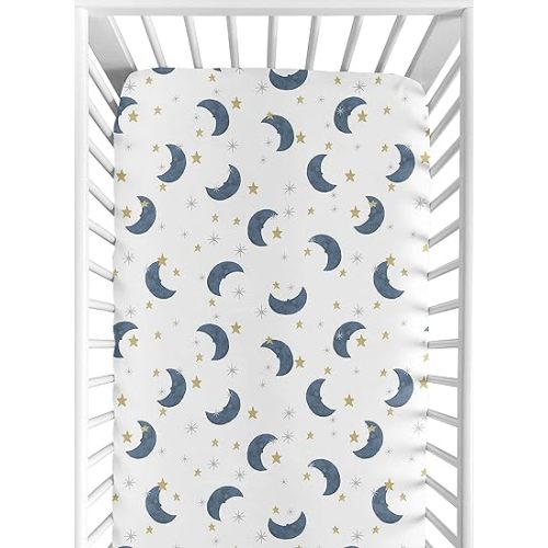 Sweet Jojo Designs Moon and Star Boy or Girl Fitted Crib Sheet Baby or Toddler Bed Nursery - Navy Blue and Gold Watercolor Celestial Sky