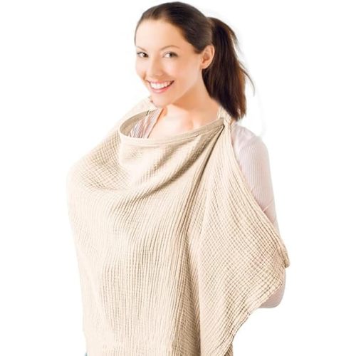 A Light Brown Item Breastfeeding Cover Nursing Cover, Breathable Muslin Cotton Baby Breast Feeding Covers With Adjustable Strap, Infant Car Seat Blanket And Stroller Coverall Up
