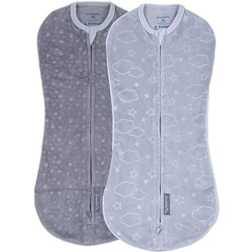 SwaddleMe by Ingenuity Compression Swaddle Pod in Velboa, Two-Way Zipper for Easy Changes, Improves Sleep & Calms Startle Reflex, 0-2 Months, 2-Pack - Clouds & Stars