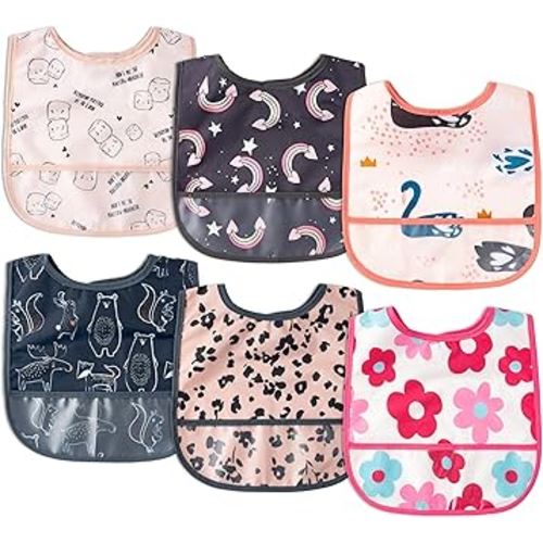 6Pcs Waterproof Toddler Bibs Baby Feeding Bib Set with Crumb Catcher Pocket, Infant Adjustable Baby Teething Bib, Babies Sleeveless Animals Food Bibs Keepsake Gift for Baby Shower, 6-24 Months