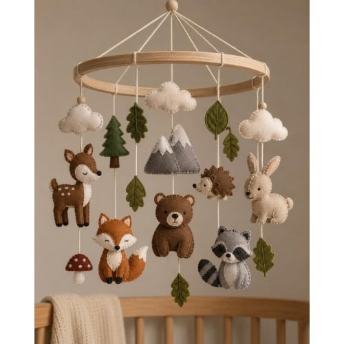 Woodland Felt Baby Mobile, Forest Animals Crib Decor, Handmade Nursery Hanging