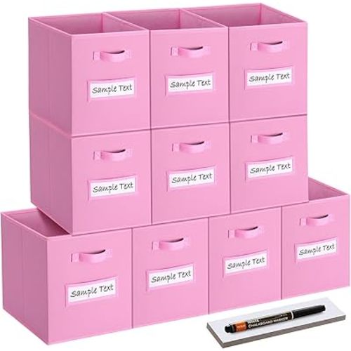 11x11 storage cube bins (Set of 10) Foldable Fabric storage cubes with 10 Labels Window Cards & a Pen,11 inch cube storage bin,Closet Organizers for Shelves,Cubby Organizer Boxes,Light Pink