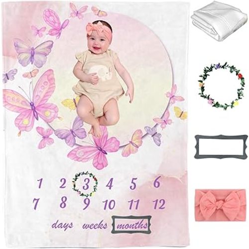 Baby Milestone Blanket for Girl Pink Butterfly Wreath Monthly Newborn Growth Chart Tracker Photography Background Newborn Photo Prop Months Weeks Days
