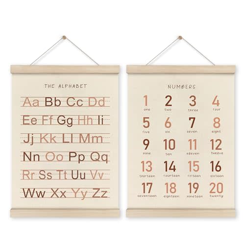 HRQKO Alphabet Numbers Poster Hanger Frame Set of 2, Girls Nursery Wall Decor, ABC Poster Wall Art with Wooden Frames, Burnt Orange Alphabet Banner Wall Hanging Decor for Toddler Playroom,12x16 Inch