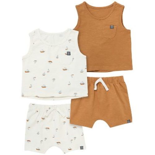 Modern Moments™ by Gerber Baby Boys' 4-Piece Sleeveless Shirt and Shorts Set, Ivory Sailboats/Md Brown, 0-3 Months