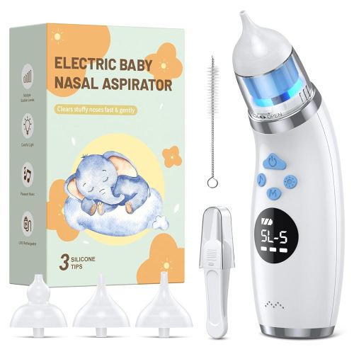 Nasal Aspirator for Baby, Baby Nose Sucker with 3 Soft Silicone Tips, 5 Levels of Suction Adjustment, Electric Nose Suction for Baby,Built-in Music & Light Soothing