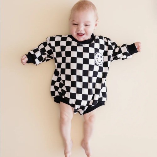 Bubble Romper | Checkered Smiley Black