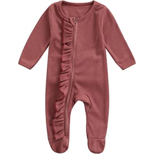 Newborn Baby Girl Footie Waffle Knit Romper Zippers Ruffle Onesie Fall Winter Clothes