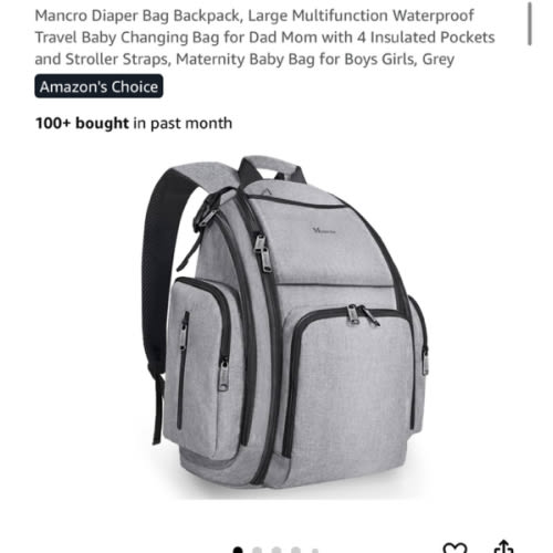 Mancro Diaper Bag Backpack, Large Multifunction Waterproof Travel Baby Changing Bag for Dad Mom with 4 Insulated Pockets and Stroller Straps, Maternity Baby Bag for Boys Girls, Grey