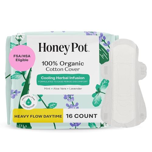 The Honey Pot Company - Herbal Sanitary Pads for Women - Heavy Flow w/Wings - Infused w/Essential Oils for Cooling Effect & Organic Cotton Cover - Feminine Care - FSA & HSA - 16 ct