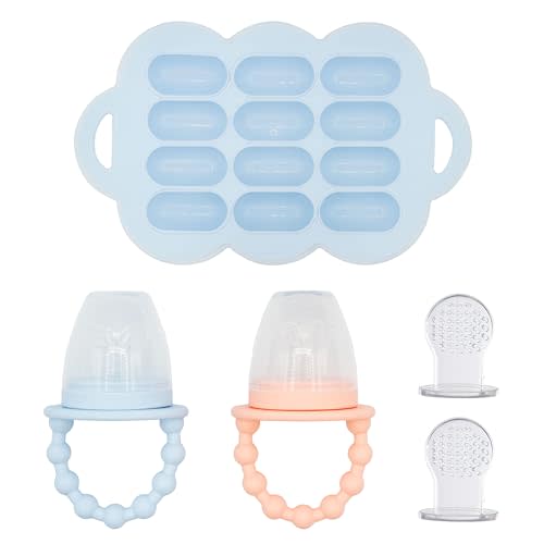 WeeSprout Silicone Baby Food Feeders + Freezer Tray for Batch Prep, Set of 2, Introduce New Foods Safely, Double as Teething Toys, Includes 2 Extra Pouches & Travel Lids, Dishwasher Safe