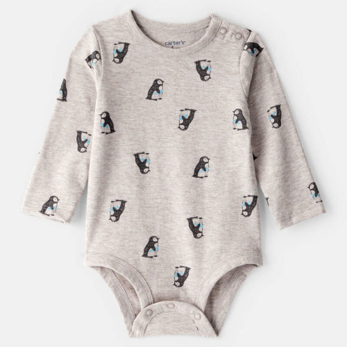 Grey Baby Penguin Print Long-Sleeve Graphic Bodysuit - Grey | Carter’s Oshkosh Canada