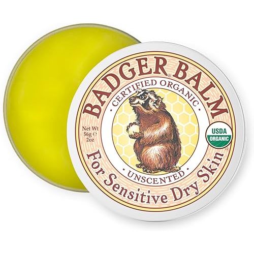 Badger Balm Unscented, 100% Organic Olive Oil & Beeswax, Fragrance Free Hand Cream, Long Lasting Sensitive Skin Moisturizer, 2 oz Tin