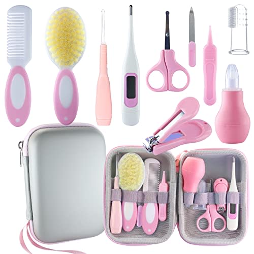 VZAYQUPXY Baby Grooming Kit, Baby Essentials for Newborns, Portable Baby Care Kit, Contains Baby Nail Clippers, Baby Comb, Baby Brush, Baby Ear Wax Removal Tool and More (10 in 1) (Pink)