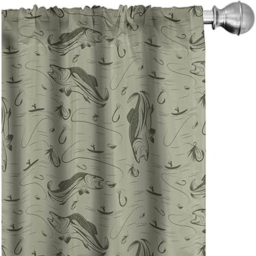 Ambesonne Fishing 2 Panel Curtain Set, Hobby Concept Pattern with Fisherman on Boat Catching Trouts with Rot and Hook, Window Treatment Living Room Bedroom Decor, Pair of - 28" x 63", Dusk Green
