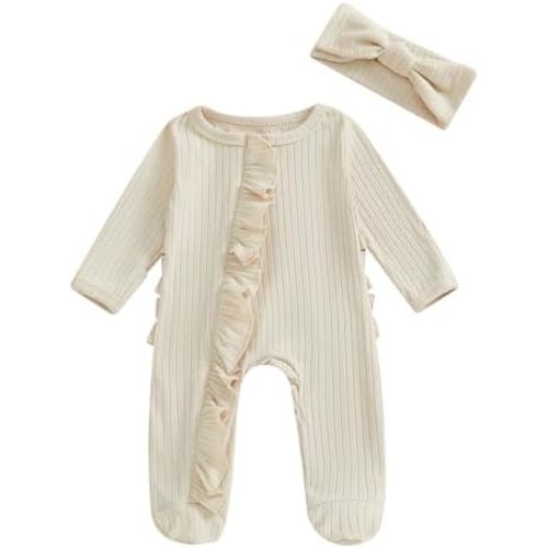 Newborn Infant Baby Girl Clothes Long Sleeve Romper Waffle Ruffle Zip Footie Jumpsuit Fall Winter Outfit With Bow