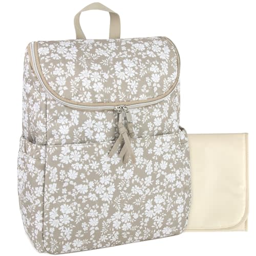 Multi-Function Floral Diaper Backpack and Travel Nappy Baby Bag with Changing Pad and Stroller Straps (Brown Bouquet)