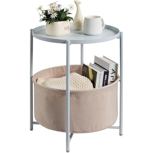 danpinera Round Side Table with Fabric Storage Basket, Metal Side Table Small Bedside Nightstand with Removable Tray Top for Living Room, Bedroom, Nursery, Laundry, Blue-Gray