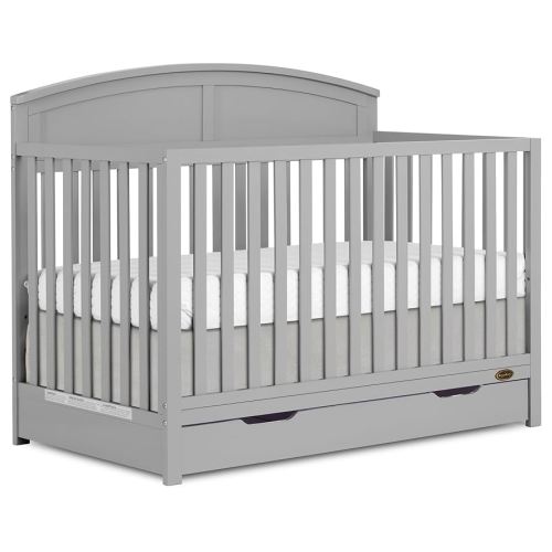 Dream On Me Storybrooke 5 in 1 Convertible Crib with Under Drawer in Pebble Grey, JPMA & Greenguard Gold Certified, Made of Sustainable Pinewood, Non-Toxic Water-Based Paint Finish