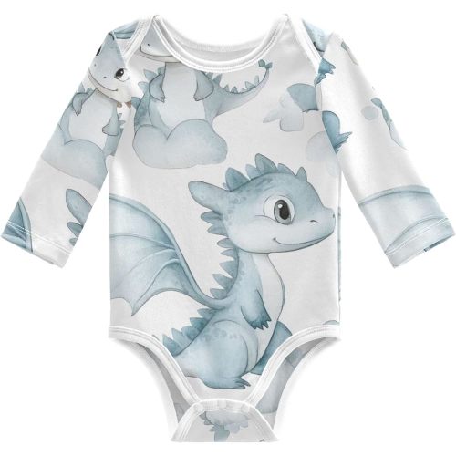 Qilmy Watercolor Cute Baby Dragon Baby Bodysuits with Long Sleeve, Cotton Baby Bodysuits for Boys Girls