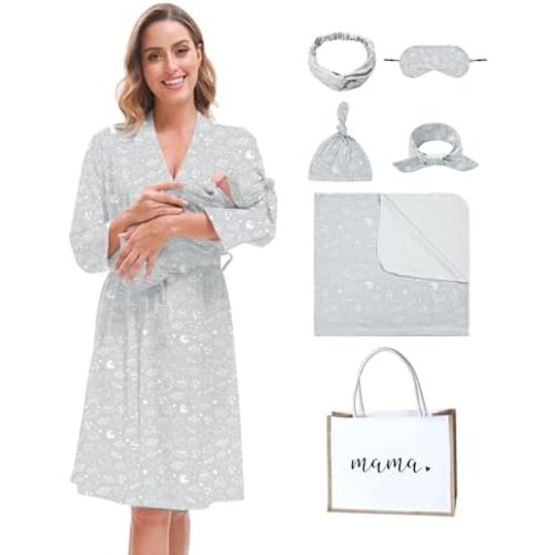 MORFORU Maternity Robe and Baby Swaddle Blanket Set, Mommy Delivery Robe Baby Blanket Hairband Hat Hairtie Hospital Bag