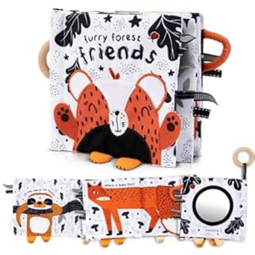 Soft Baby Book with Touch and Feel Pages - Cute Tummy Time Book for Babies 0-6 Months with Mirror & Crinkle Paper - The Perfect Black and White Sensory Toy for Baby Showers & as a Newborn/Infant Gift