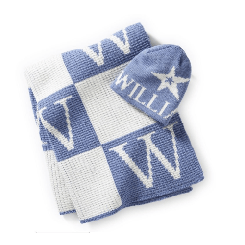 Initial Block Baby Stroller Blanket and Knitted Hat Gift Set