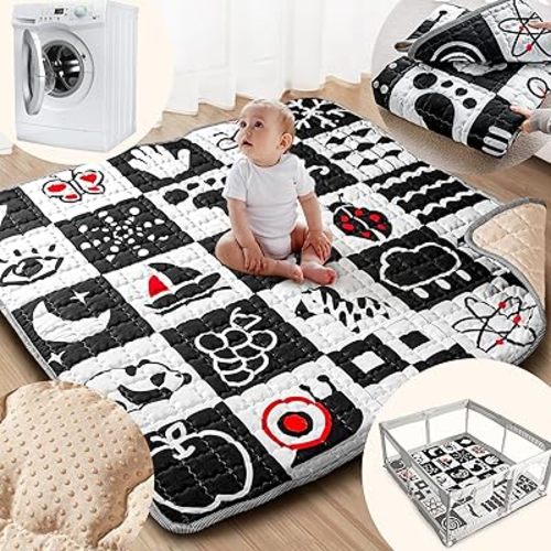 Baby Play Mat, 50x50 Playpen Mat with Super Soft Touch, Activity Mat with Upgraded Anti-Slip Bottom, Machine Washable Crawling Mat for Floor & Picnic (High Contrast)