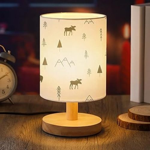 VIHOSE Forest Animals Bedside Table Lamp Vintage Nightstand Lamp with Linen Fabric Shade Solid Wood Base Decoration for Kids Living Room Bedroom Desk Dorm