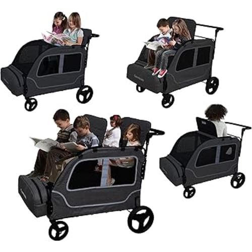 4 Seater Wagon Stroller, Wagon for Kids, 2 3 Big Toddlers Child Travel All Terrain Quad Triple Twins Double Side by Side Stroller Carts with Benche Seatbelts (Dark Grey)