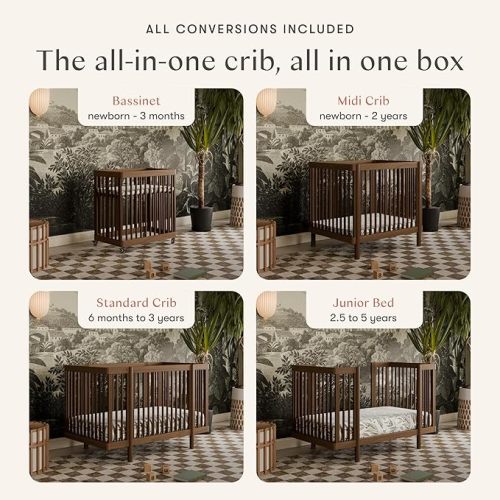 Babyletto Pogo Convertible All-Stages® Bassinet, Midi, Full-Size Crib in Natural Walnut, GREENGUARD Gold Certified, Portable & Adjustable with Conversion Kits and Pads Included