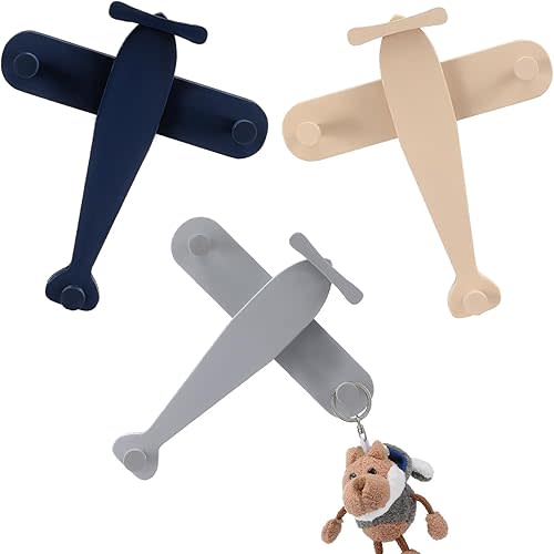3 Pack Airplane Shaped Wall Coat Hooks Vintage Nursery Decor Wooden Airplane Decorative Cute Coat Rack Wall Mount for Bedroom Living Room Office Entryway Door Nursery