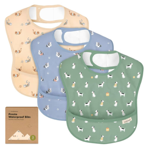 3-Pack Waterproof Baby Bibs for Eating - Lightweight Toddler Feeding Bibs with Large Food Catcher, Mess Proof, Food-Grade Baby Eating Essentials, Easy to Put On & Clean (Pets & Paws)